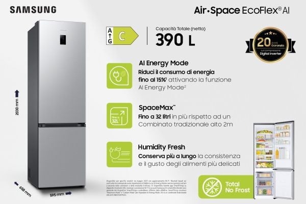Samsung RB38C672CSA/EF, 390 l, Ikke-frost (kjøleskap), SN-T, 8 kg/24t, C, Rustfritt stål