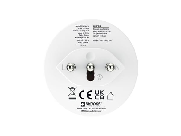 Skross 1.500272, Type C (Europlugg), Universal, 100-250 V, 10 A, Hvit, 2500 W