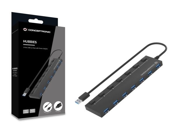 Conceptronic HUBBIES HUBBIES19BP - Hub - with 5V/3A power adapter, 90 cm cable, individual power switch - 7 x USB 3.2 Gen 1 - stasjonær