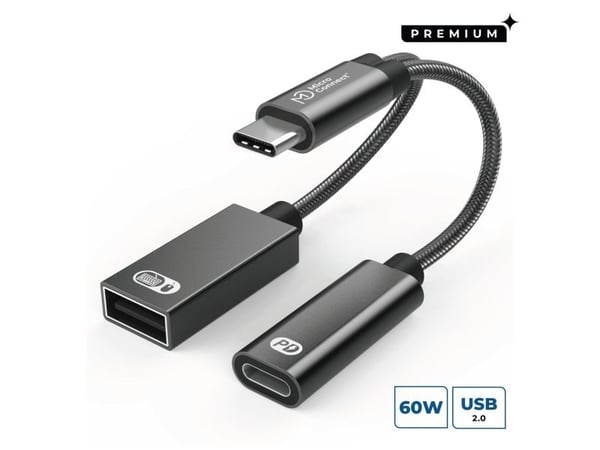MicroConnect - USB-adapter - 24 pin USB-C (hann) til USB-type A, USB-C (PD) (hunn) - 20 V - 3 A - 13 cm - sølv