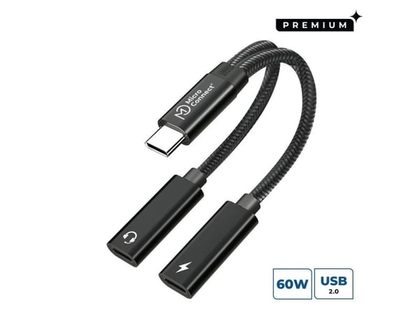 MicroConnect - USB-C til USB-C hodetelefoner / ladeadapter - USB-C hann til USB-C (PD), 24 pin USB-C (lyd) hunn - 13 cm - sølv - USB-C Power Delive...
