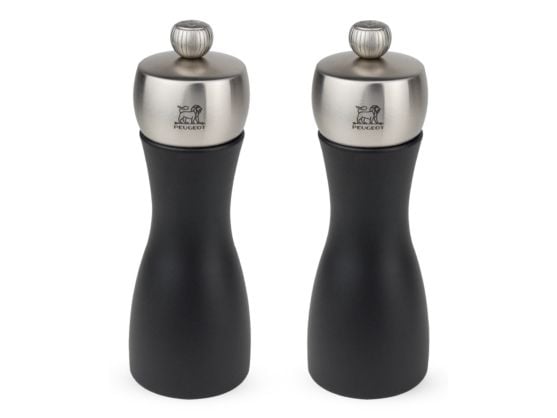 Peugeot Fidji, Set med salt- och pepparkvarnar, Svart, Silver, Rostfritt stål, Trä, Rostfritt stål, Peppar, Salt, 150 mm