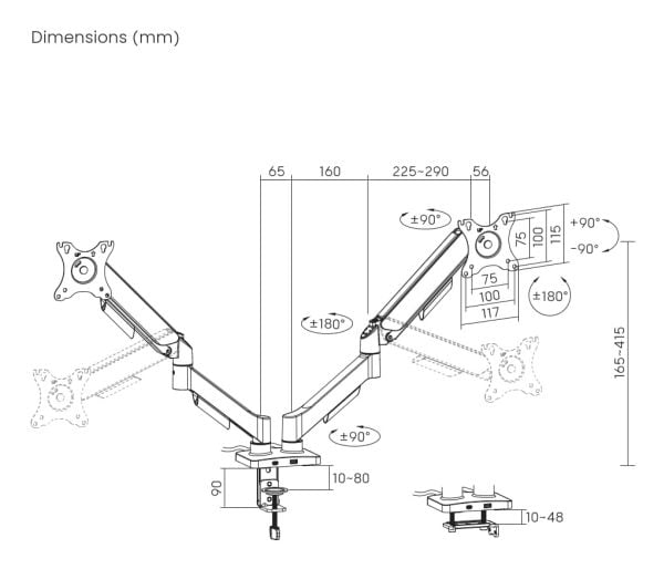 Gembird - Monteringssett (bordmonteringsarm) - justerbar arm - for 2 LCD/plasma-paneler - USB ports - stål, plastikk - finteksturert svart - skjerm...