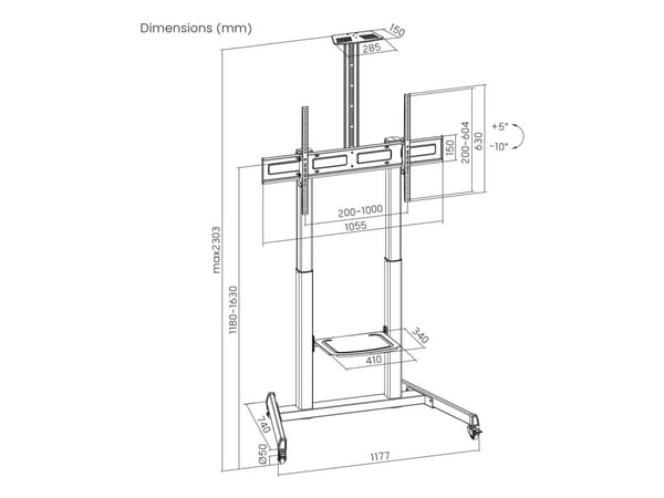 Gembird TVS-100T-03, 2,54 m (100"), 200 x 200 mm, 1000 x 600 mm, 5 - -10°, Stål, Svart