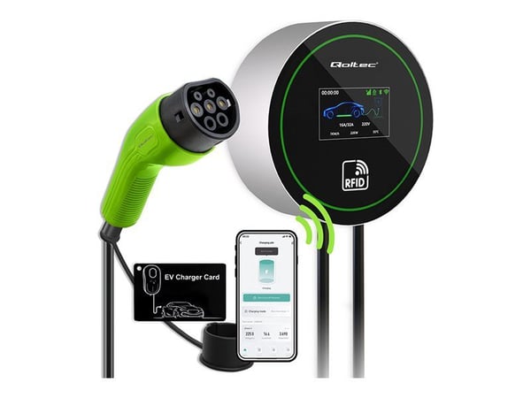 Qoltec - EV-ladestasjon - 2-in-1, Wi-Fi, LCD, RFID, 3 phases, wallbox - 22 kW - 32 A (IEC 62196 Type 2) - svart, grønn