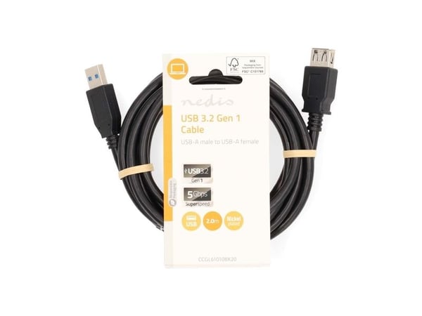 Nedis CCGL61010BK20, 2 m, USB A, USB A, USB 3.2 Gen 1 (3.1 Gen 1), 5 Gbit/s, Sort