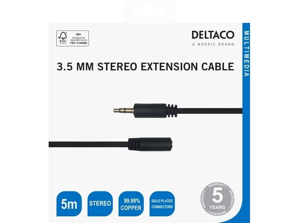 DELTACO - Lydforlengelseskabel - 3,5 mm stereo hann til 3,5 mm stereo hunn - 5 m - svart