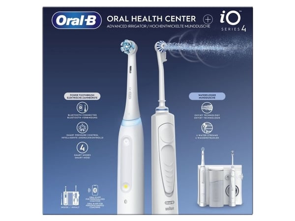 Oral-B iO4 & OxyJet, Voksen, Roterende vibrerende Tannbørste, Daglig stell, Sensitiv / Myk, Super sensitive, Whitening, Hvit, 2 min, Batteri