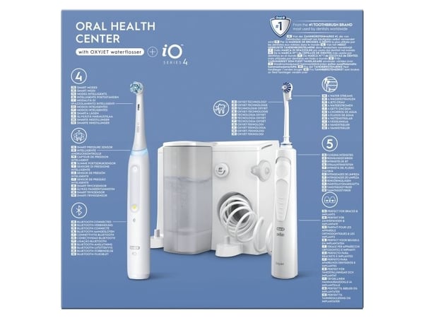 Oral-B iO4 & OxyJet, Voksen, Roterende vibrerende Tannbørste, Daglig stell, Sensitiv / Myk, Super sensitive, Whitening, Hvit, 2 min, Batteri