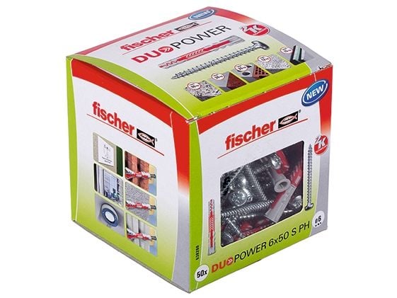 Fischer DUOPOWER 6 x 50 S PH LD, Höyrykarkaistu kevytbetoni, Tiili, Betoni, Kipsikuitulevy, Muuraus, Kipsilevy, Nailon, Harmaa, 6 mm, 50 mm, 6 mm