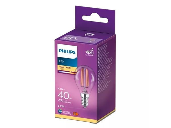 Philips Glødemignon, klar, 40 W, P45, E14, 4,3 W, 40 W, E14, 470 lm, 15000 timer, Varm hvit