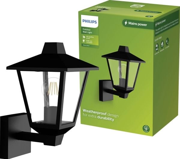 Philips Kinno vegglamper 25 W E27, lyskilde følger ikke med, Vegglys, Svart, Metall, IP44, Hage, Terrasse, I