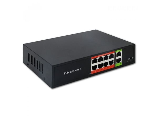Qoltec - Switch - ikke-styrt - 8 x 10/100 (PoE) + 2 x 10/100 (opplink) - stasjonær - PoE (120 W)