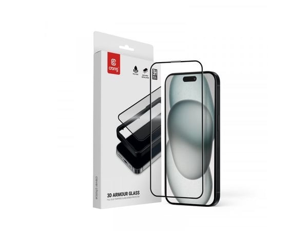 Crong 3D Armour Glass - 9H fulllimt herdet glass for iPhone 16 / iPhone 15 + installasjonsramme