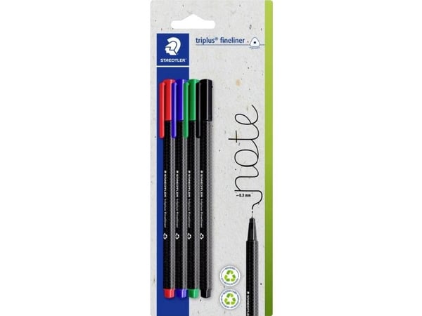 Staedtler 334-S BK4, Svart, Blå, Grønn, Rød, Ultrafin, Svart, Blå, Grønn, Rød, Resirkulert plast, Rund, 0,3 mm