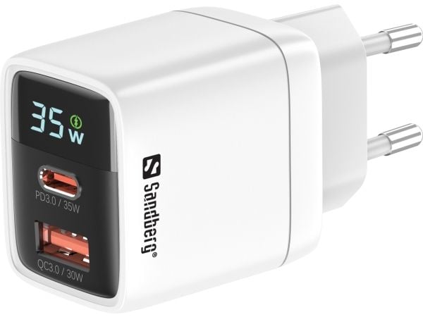 Sandberg - Strømadapter - 2-i-1 - 35 watt - 3 A - PD 3.0, QC 3.0 - 2 utgangskontakter (USB, USB-C)