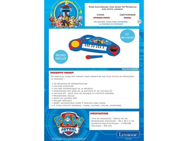Lexibook Paw Patrol K704PA, Musikalsk instrument til lek og moro, Piano, 3 år, AA, 468 g, Flerfarget