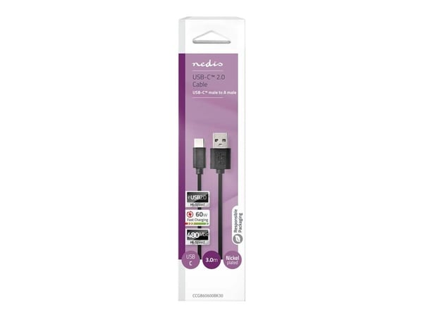 Nedis CCGB60600BK30, 3 m, USB C, USB A, USB 2.0, Musta