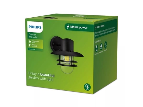 Philips Inyma-vegglampe, 25 W, E27, ingen pære, Vegglys, Svart, Metall, IP44, Terrasse, Hage, I