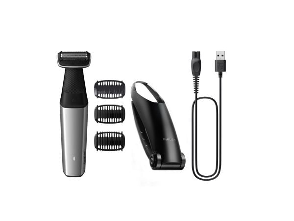 Philips BODYGROOM Series 5000 BG5021/15 Suihkunkestävä trimmeri nivusille ja vartalolle, Märkä ja kuiva, Öljyvapaa huolto, Akku, Musta, Hopea