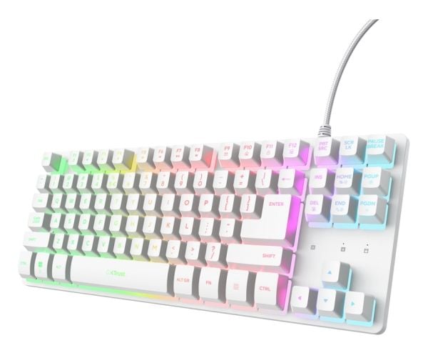 Trust GXT 833W Thado TKL, Koblet med ledninger (ikke trådløs), USB, Mekanisk nøkkelbryter, QWERTY, RGB LED, Hvit