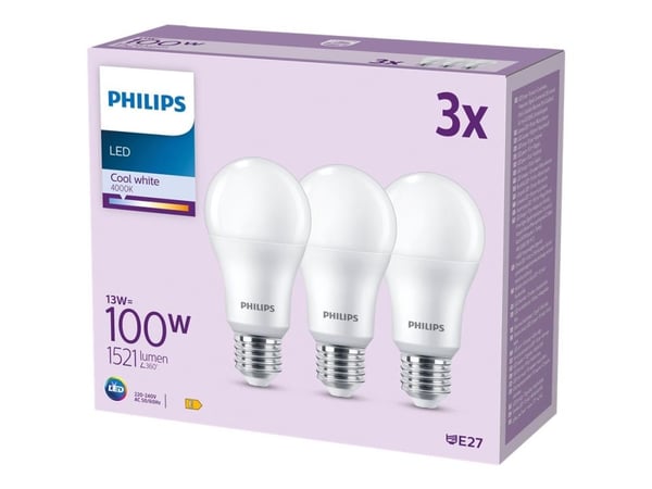 Philips - LED-lyspære - form: A67 - mattslipt finish - E27 - 13 W (ekvivalent 100 W) - klasse E - kjølilg hvitt lys - 4000 K (en pakke 3)