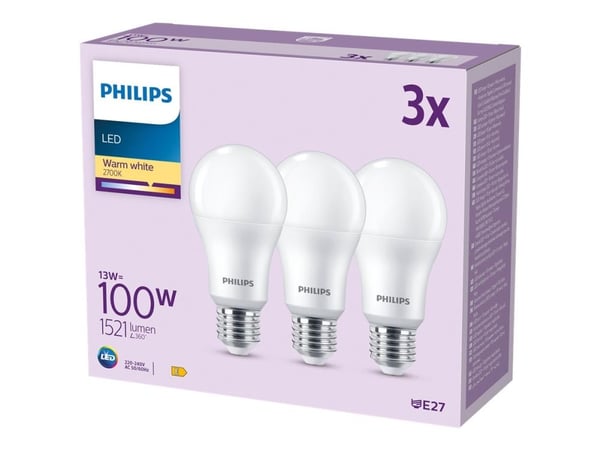 Philips - LED-lyspære - form: A67 - mattslipt finish - E27 - 13 W (ekvivalent 100 W) - klasse E - varmt hvitt lys - 2700 K (en pakke 3)