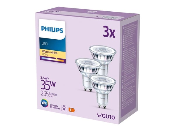 Philips - LED-pære for søkelys - klar finish - GU10 - 3.5 W (ekvivalent 35 W) - klasse F - varmt hvitt lys - 2700 K (en pakke 3)