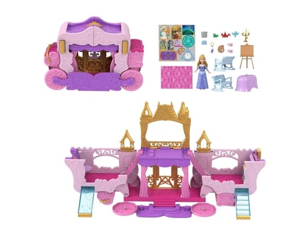 Disney Princess Carriage to Castle forvandlende lekesett med liten Aurora-dukke, 4 figurer og 3 etasjer, 3 år, 288,9 mm, 850 g, Flerfarget
