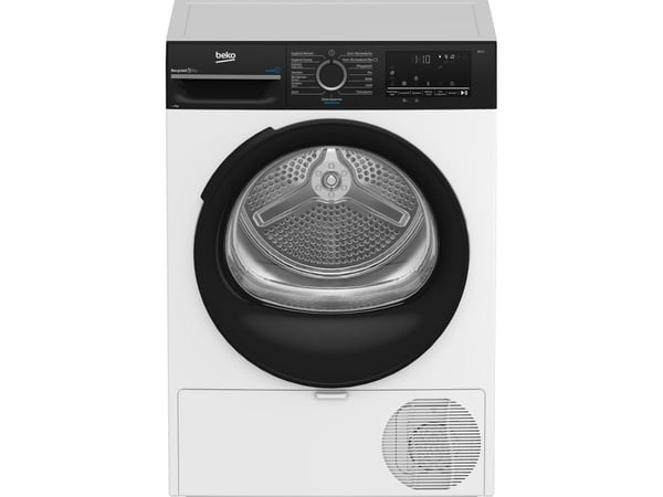 Beko BM3T49249W, Frittstående, Frontmatet, Varme pumpe, Sort, Hvit, Knapper, Rotasjon, Sort, Gjennomsiktig
