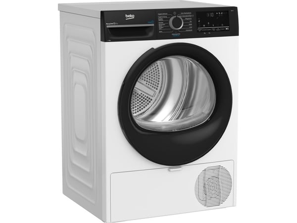 Beko BM3T49249W, Frittstående, Frontmatet, Varme pumpe, Sort, Hvit, Knapper, Rotasjon, Sort, Gjennomsiktig