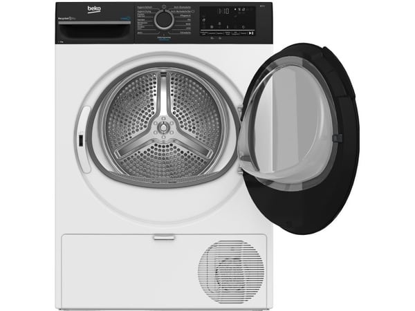 Beko BM3T49249W, Frittstående, Frontmatet, Varme pumpe, Sort, Hvit, Knapper, Rotasjon, Sort, Gjennomsiktig