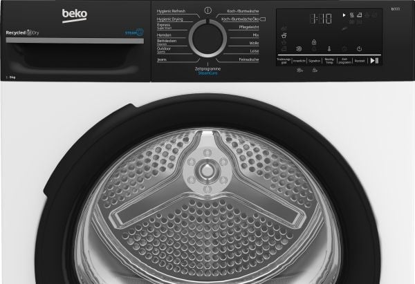 Beko BM3T49249W, Frittstående, Frontmatet, Varme pumpe, Sort, Hvit, Knapper, Rotasjon, Sort, Gjennomsiktig