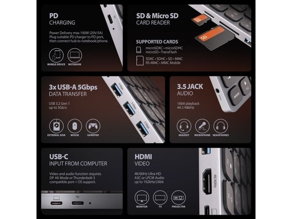 Axagon HMC-KB-NRD, Koblet med ledninger (ikke trådløs), USB 3.2 Gen 1 (3.1 Gen 1) Type-C, 100 W, 3,5 mm, 1.4/2.3, Grå