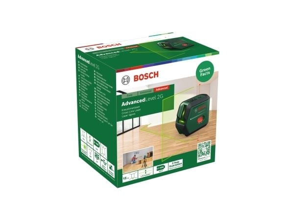 Bosch AdvancedLevel 2G, 15 m, 0,4 mm/m, 4°, Rød, Linjevater, Svart, Grønn