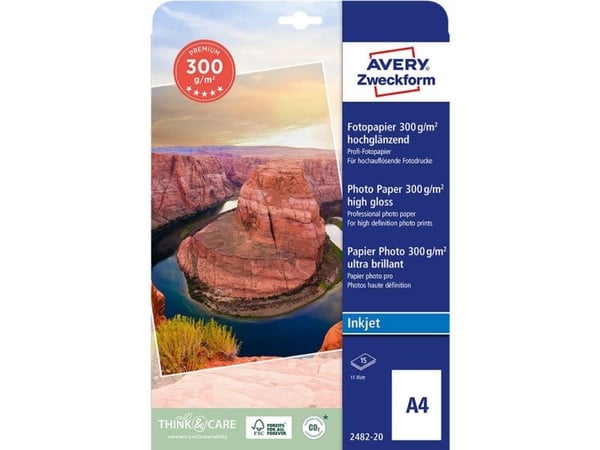 Fotopapir Avery Premium Inkjet glanset - hvitt - A4 (210 x 297 mm) - 300 g/m² - 15 ark