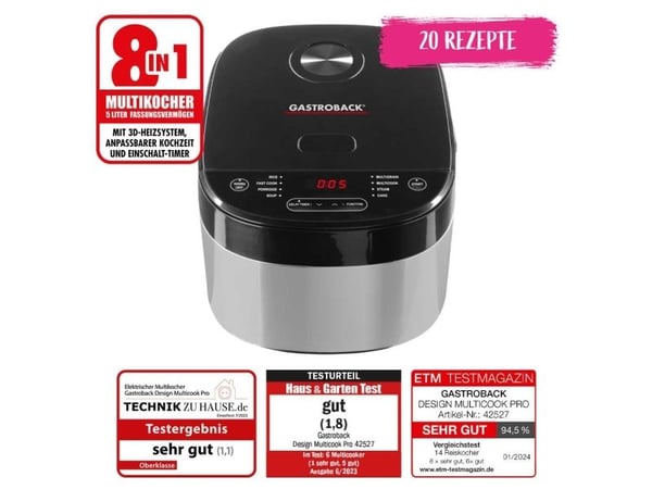 Gastroback Design Multicook Pro, 5 l, 790 W, Svart, Rustfritt stål, 12 timer, Knapper, 0,95 m