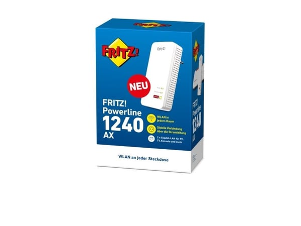 FRITZ!Powerline 1240 AX - Strømlinjeadapter 1GbE, HomePlug AV (HPAV) 2.0 - Wi-Fi 5, Wi-Fi 6 - 2,4 GHz - veggpluggbar