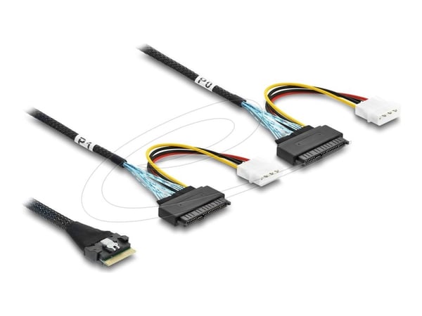 Delock PCIe 4.0-kabel Slim SAS SFF-8654 8i til 2 x U.2 SFF-8639 hunn + strømkontakt 0,5 m