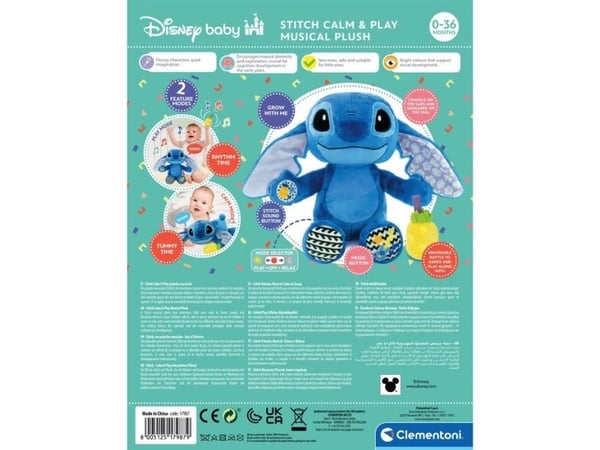 Clementoni Disney Baby Stitch Calm & Play Musical Plush, Tegneseriefigur, Interaktiv, Gir fra seg lyd, AAA