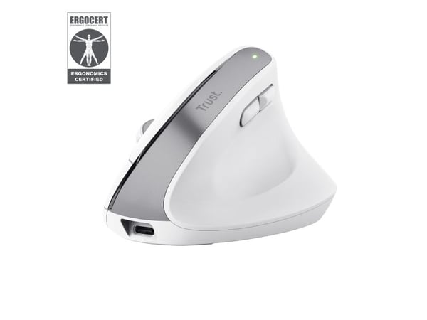 Trust Bayo+ - Vertikal mus - ergonomisk - multienhet - høyrehendt - optisk - 6 knapper - trådløs - 2.4 GHz, Bluetooth - USB trådløs mottaker - hvit