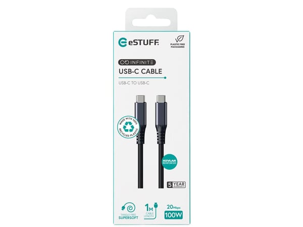 eSTUFF INFINITE - USB-kabel - 24 pin USB-C (hann) til 24 pin USB-C (hann) - USB 3.2 Gen 2 - 1 m - USB Power Delivery (100 W), up to 20 Gbps data tr...