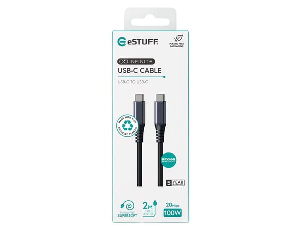 eSTUFF INFINITE - USB-kabel - USB-C (hane) till USB-C (hane) - USB 2.0 - 2 m - 100 % återvunnen plast - vit