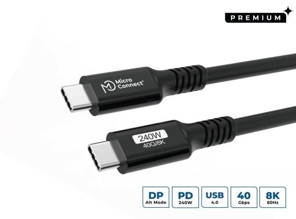 MicroConnect - USB-kabel - 24 pin USB-C (hane) till 24 pin USB-C (hane) - USB4 Gen3x2 - 48 V - 5 A - 1.5 m - USB-strömförsörjning (240W), upp till ...