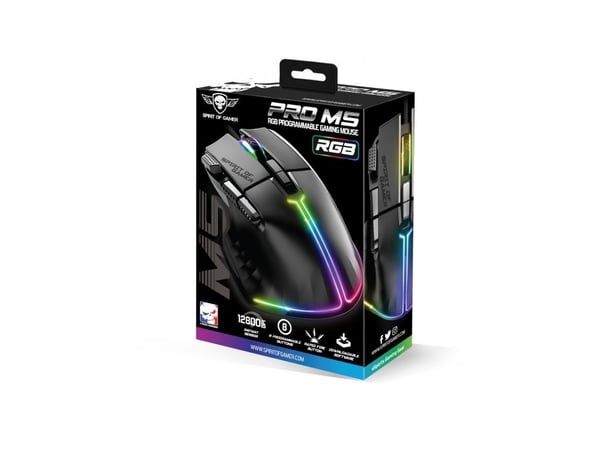 Spirit of Gamer PRO-M5, Oikeakätinen, Optinen, USB A-tyyppi, 12800 DPI, musta