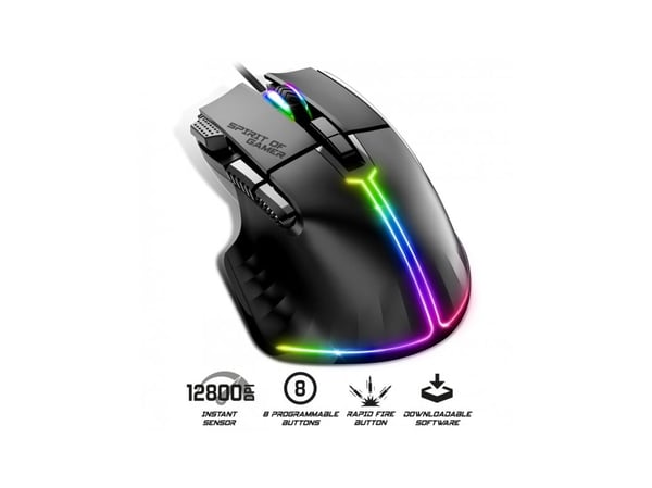 Spirit of Gamer PRO-M5, Oikeakätinen, Optinen, USB A-tyyppi, 12800 DPI, musta