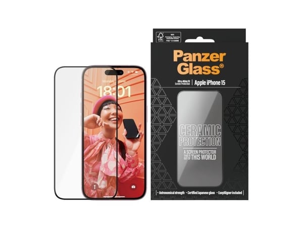 PanzerGlass Ceramic Protection - Skjermbeskyttelse for mobiltelefon - ultravid passform m. EasyAligner - glass - rammefarge svart - for Apple iPhon...