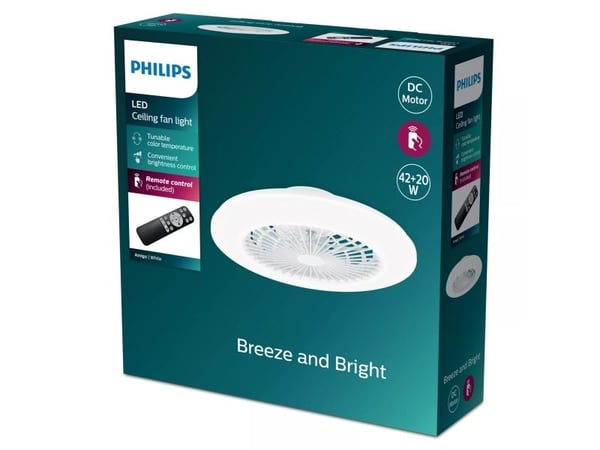 Philips Amigo-taklampe med vifte, 60 + 25 W, Husholdningsvifte, Hvit, Tak, Plast, 57,7 cm, IP20