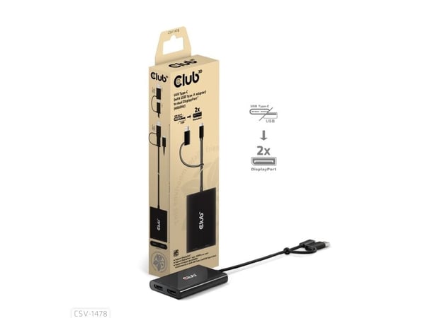 CLUB3D CSV-1478, USB Type-C, 2x DisplayPort, 3840 x 2160 pikseliä, musta, 4K Ultra HD, 90 mm