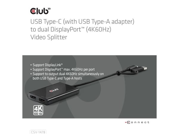 CLUB3D CSV-1478, USB Type-C, 2x DisplayPort, 3840 x 2160 pikseliä, musta, 4K Ultra HD, 90 mm